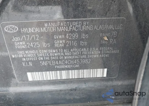 2012 Hyundai Sonata Gls from USA, damaged, VIN 5NPEB4AC4CH453982